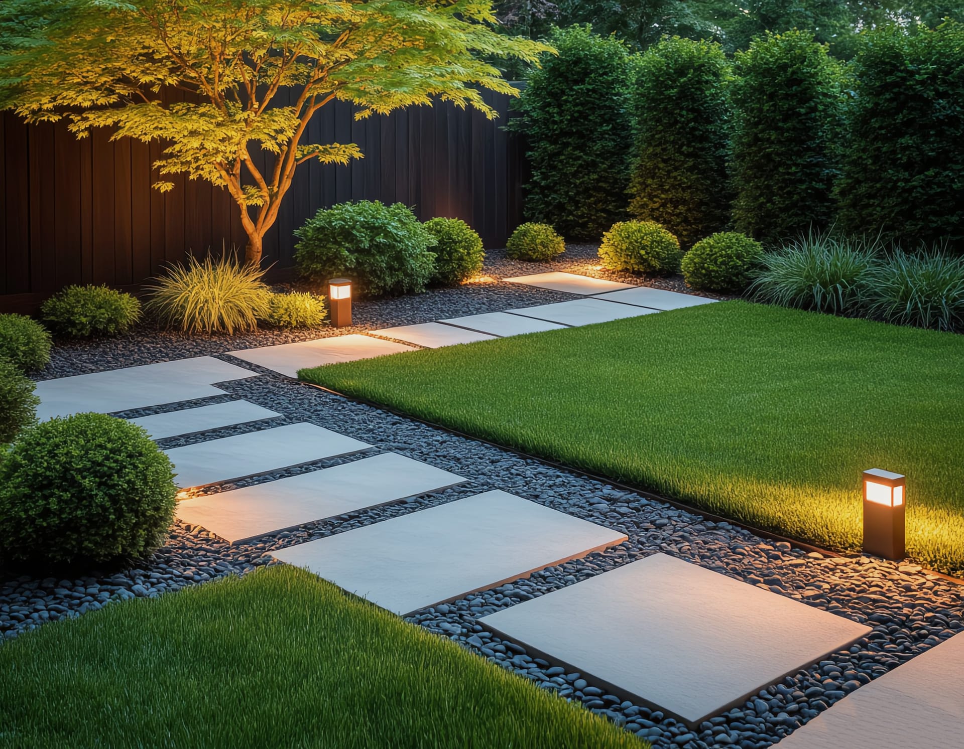 Lush, vibrant garden with sculptural elements